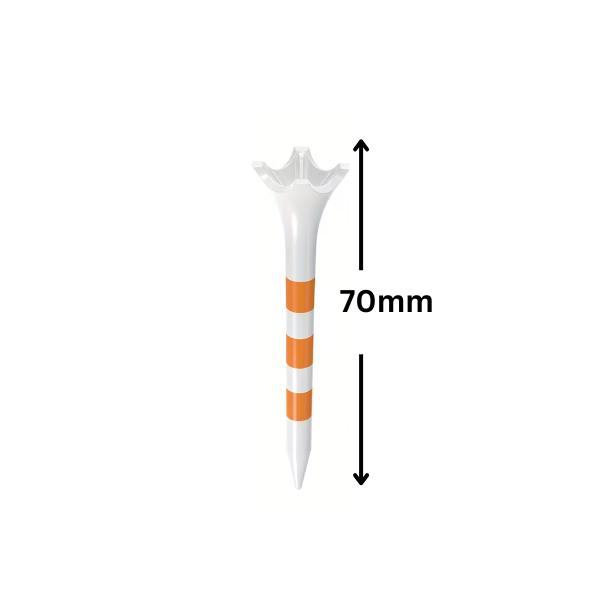 Single 70mm red extra thick plastic golf tee with measurements displayed