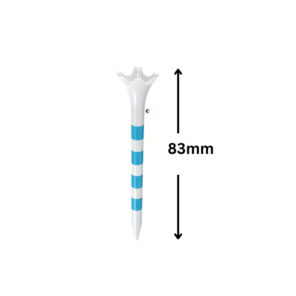 Single 83mm extra thick plastic golf tee with measurements shown for length and stem