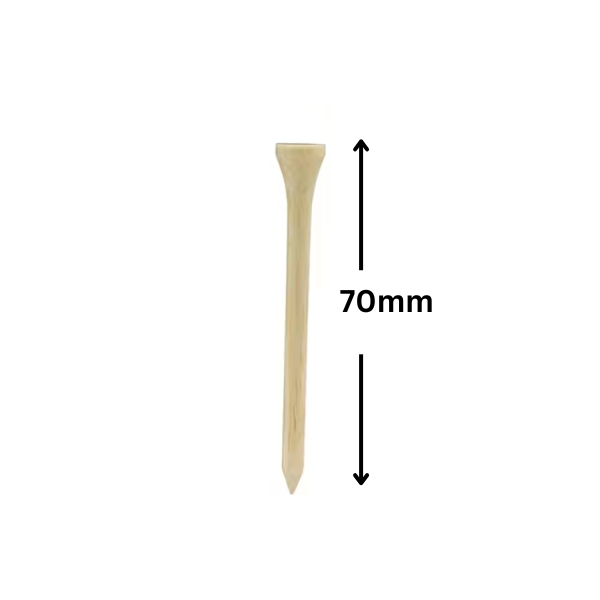 70mm bamboo golf tee with dimensions shown, eco-friendly and durable