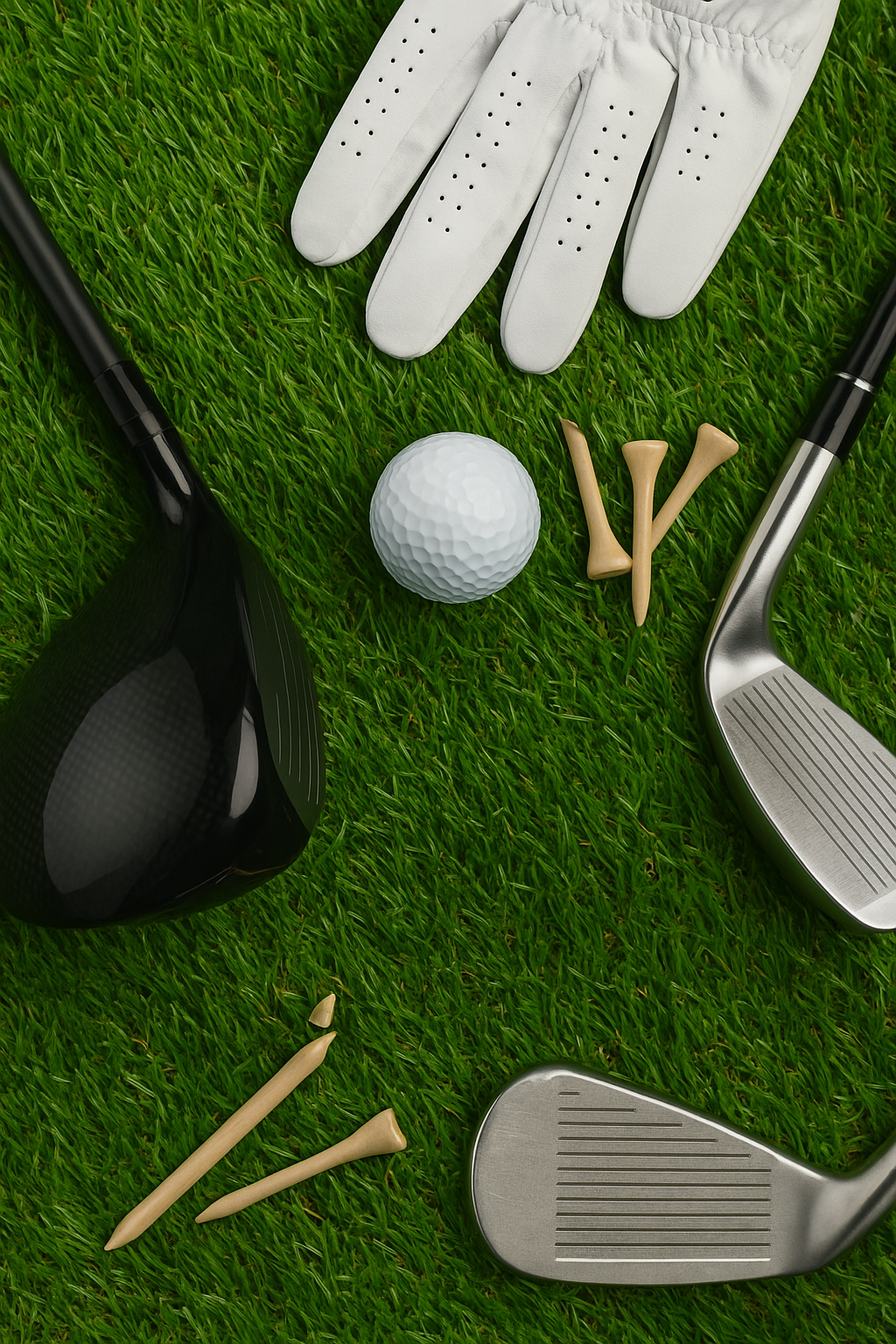 Premium Embrace Golf Australia hero banner featuring a black driver, golf ball, glove, and tees on green grass with a scenic illustrated backdrop, optimised for Shopify Dawn desktop layout.