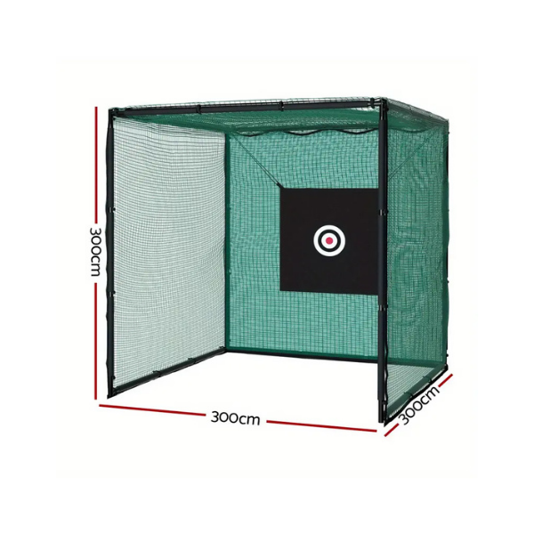 Embrace 3m golf practice cage angled view with steel frame
