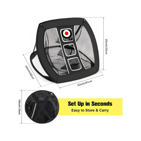 Embrace Golf pop-up chipping net with target circle and size dimensions
