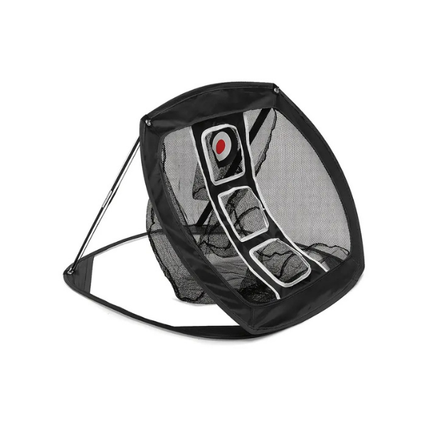 Embrace Golf pop-up chipping net side view showing oval frame