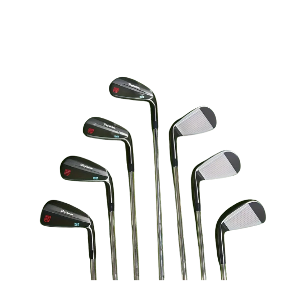 FJI-01 men’s 7-piece golf irons set laid on grass – forged black steel – Embrace Golf Australia