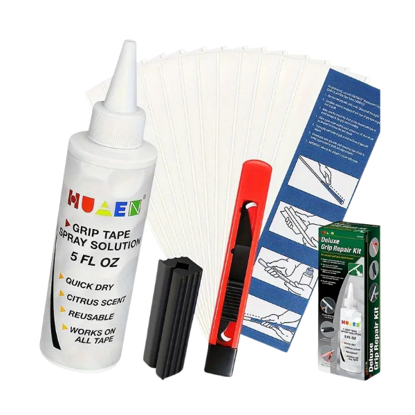 Professional golf grip kit contents – hook blade, 5 fl oz solvent, 13 tape strips, rubber vise clamp – Embrace Golf Australia