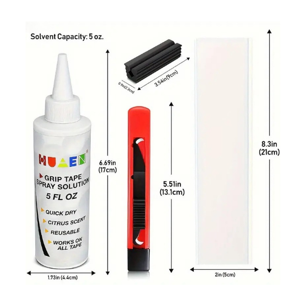 Golf grip kit with product dimensions – blade, solvent bottle, tape strips and vise clamp – Embrace Golf Australia