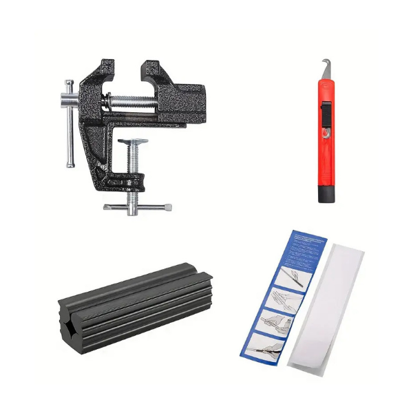 Golf grip replacement kit components – mini vice, rubber clamp, hook knife and tape strips – Embrace Golf Australia