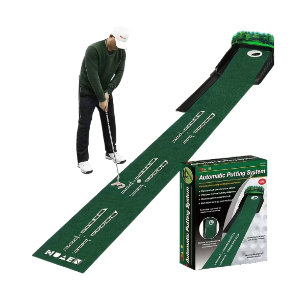Angle view of complete golf putting practice mat with non-slip base