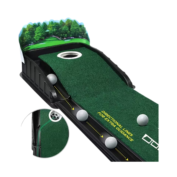 Close-up of realistic slope golf putting practice mat surface