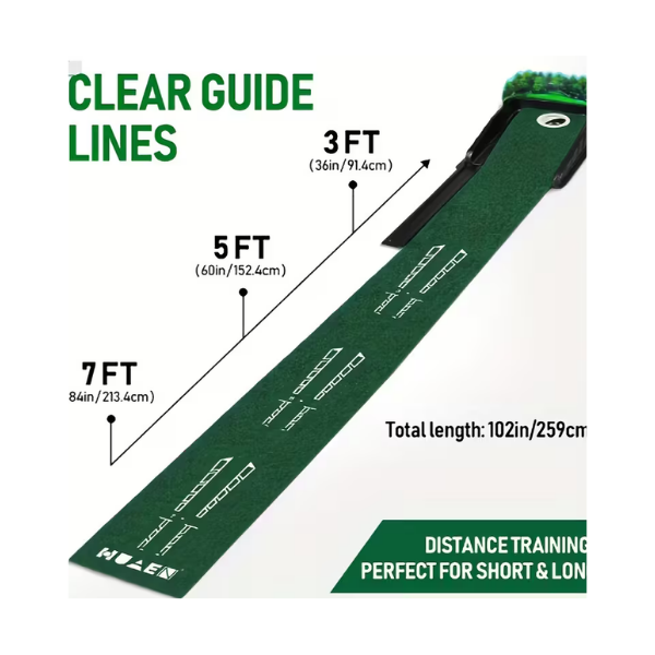 Golf putting practice mat with size dimensions and carry case
