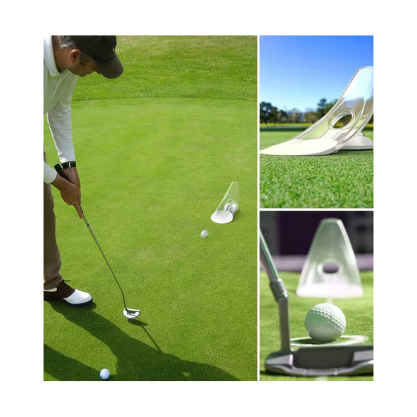 Golfer practicing putt into foldable pressure putting aid trainer