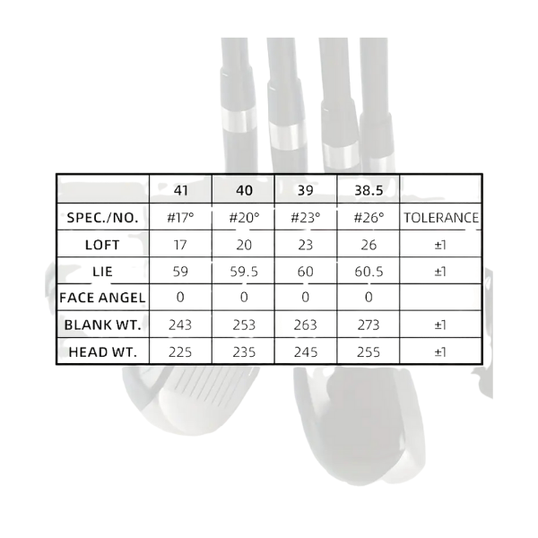 Hybrid golf club specifications chart – showing loft, length, shaft flex and head design – Embrace Golf Australia