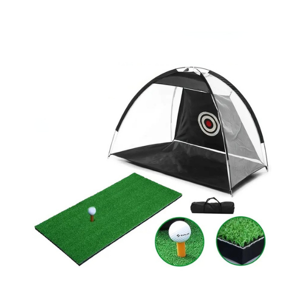 Portable golf practice net angled view showing frame and size