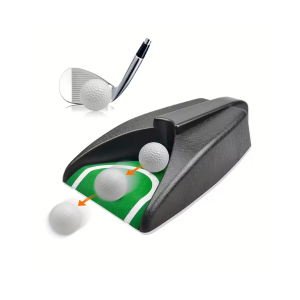 Angle view of portable golf putting practice tool with auto-return