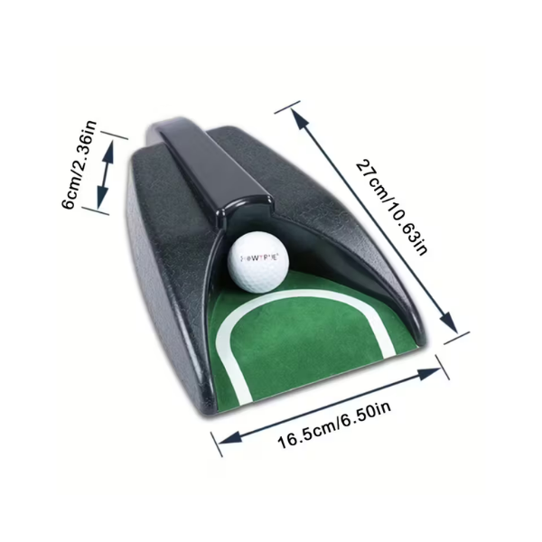 Portable golf putting trainer showing size dimensions and durable plastic build