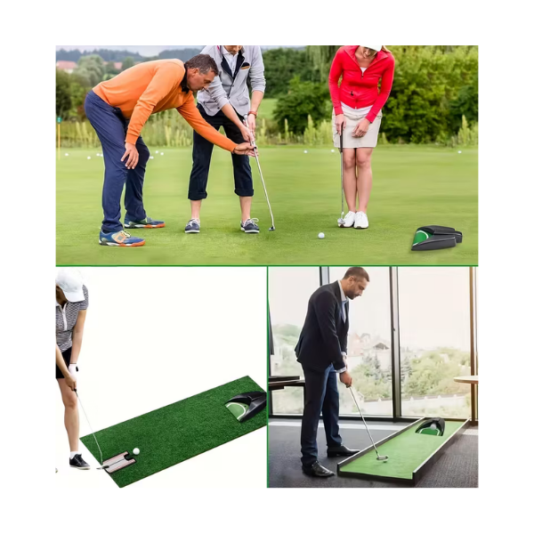 Golfer practicing putt into auto-return portable golf putting trainer