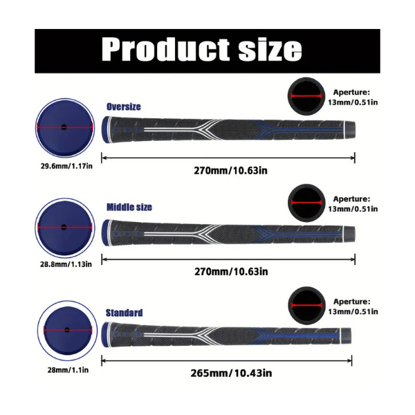 Premium golf grips top view showing Standard, Midsize and Oversize options – Embrace Golf Australia