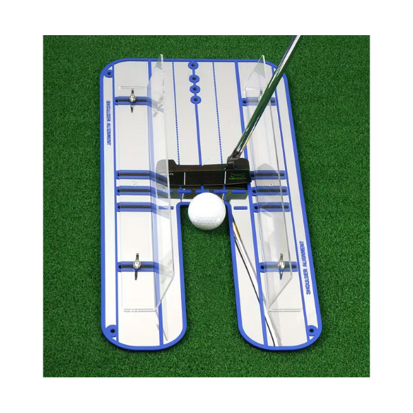 Angle view of acrylic golf putter mirror swing trainer with posture alignment accessories