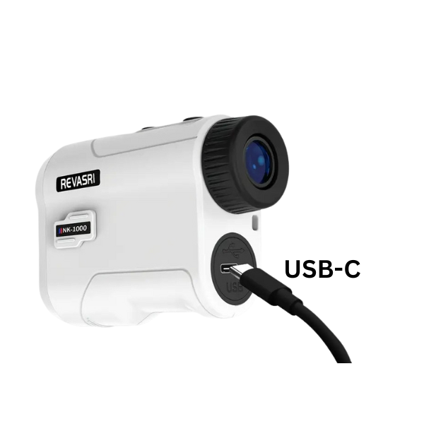 Revasri Golf Rangefinder back view showing USB-C charging port and battery indicator