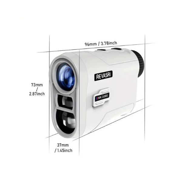 Revasri Golf Rangefinder angled view with dimension graphics for golf use