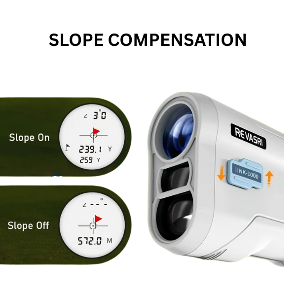 Revasri Golf Rangefinder front view highlighting display and mode icons for golf