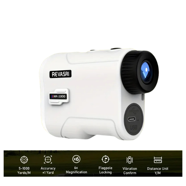 Revasri Golf Rangefinder side view showing specification labels and golf unit markings