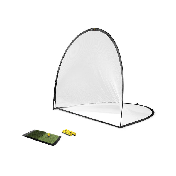 SKLZ Home Driving Range angled view with hitting net and practice mat