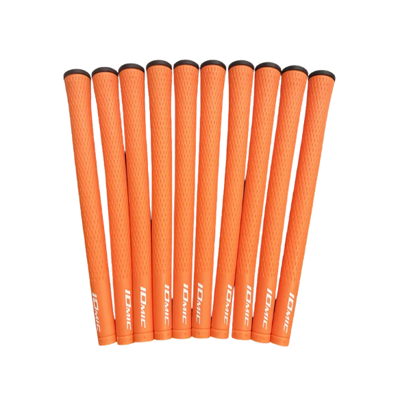 Soft TPE golf grips 10-pack orange top view – non-slip micro-texture – Embrace Golf Australia