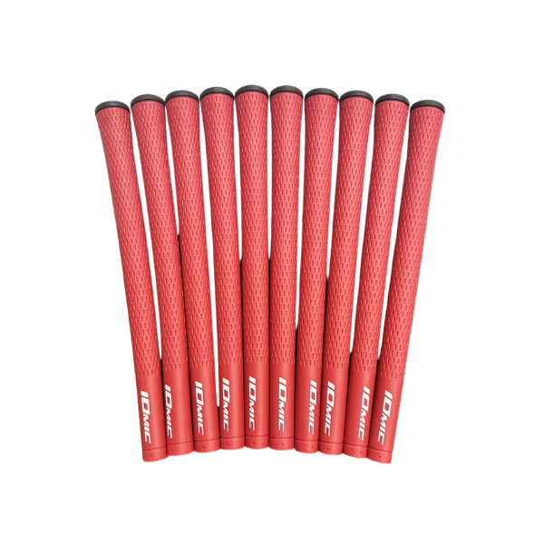 Soft TPE golf grips 10-pack red top view – cushioned feel and all-weather traction – Embrace Golf Australia