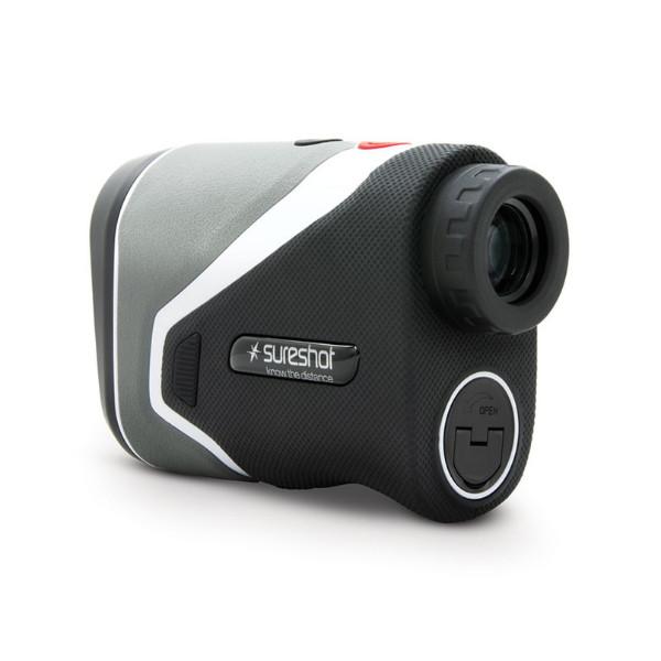 Sureshot Pinloc 6000iM rangefinder angled front view in black and white