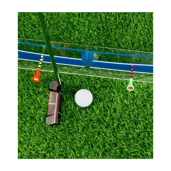 Golfer practicing with Wosofe acrylic putting trainer in blue on grass with ball and putter