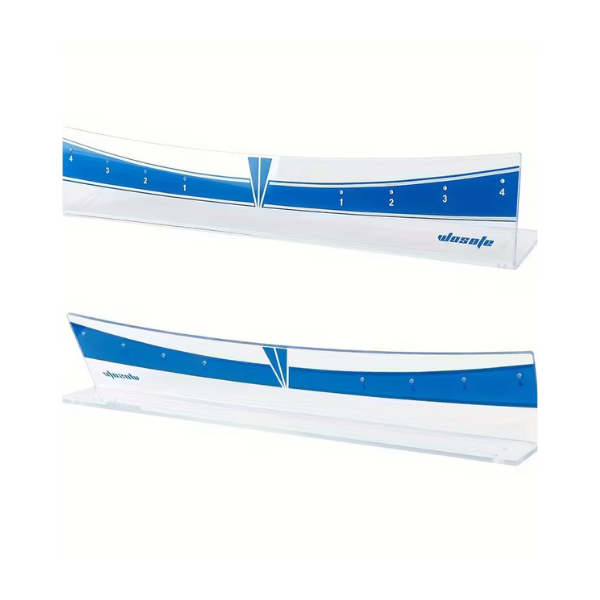 Side view of Wosofe acrylic golf putter trainer in blue version